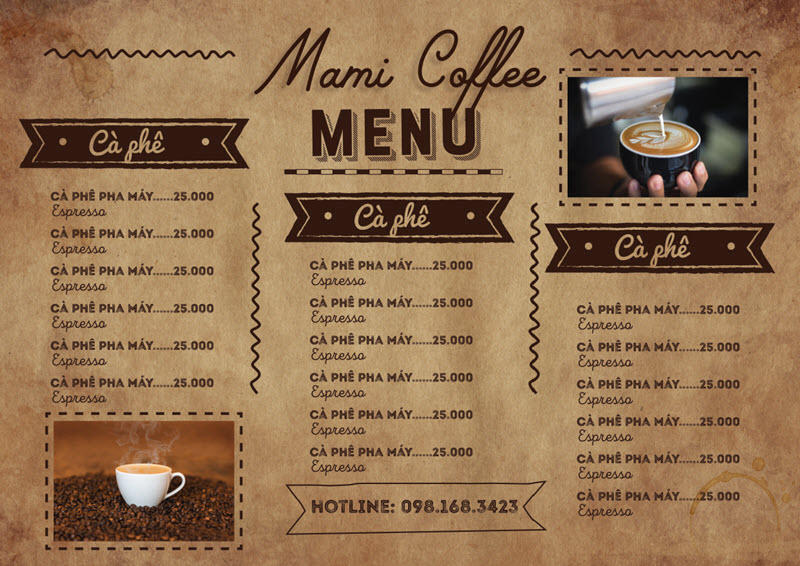 Bảng giá trong menu quán cà phê
