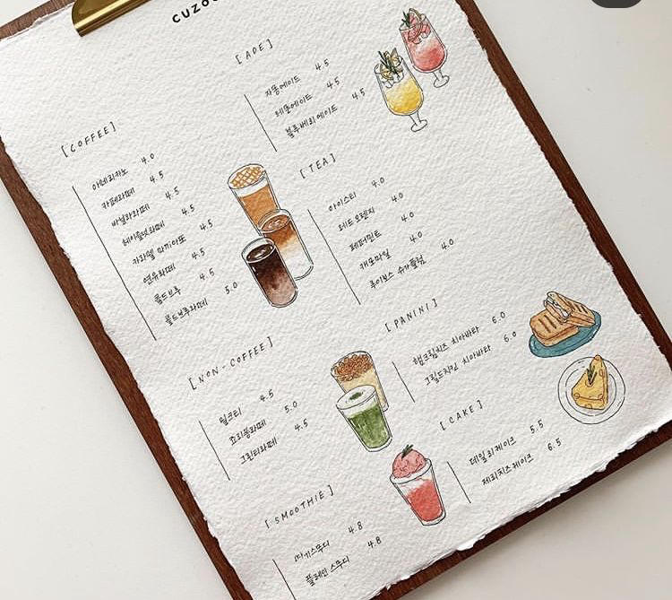 Mẫu menu quán cafe đơn giản kết hợp các hình vẽ dễ thương