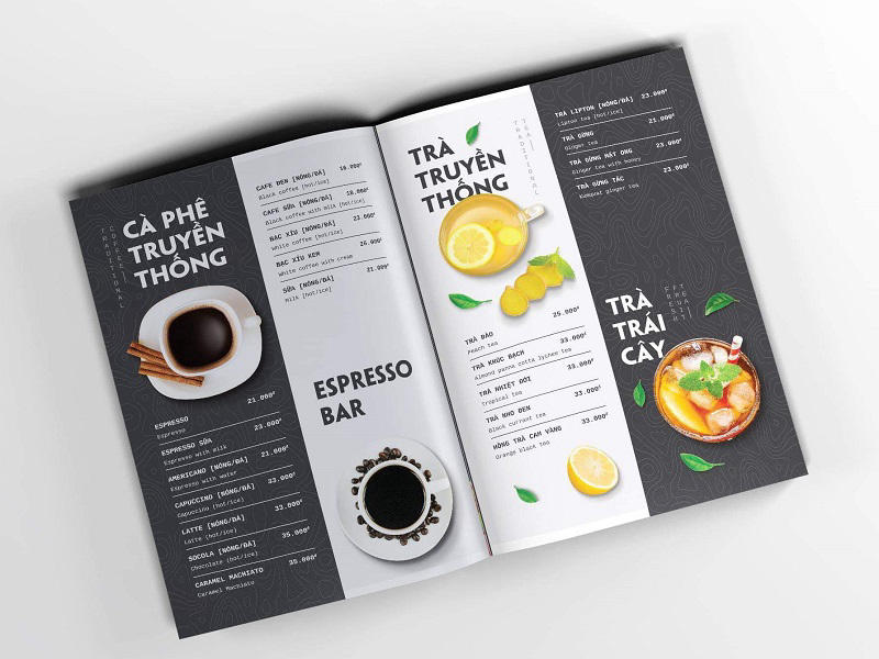 Mẫu menu quán cà phê thiết kế và in dạng quyển
